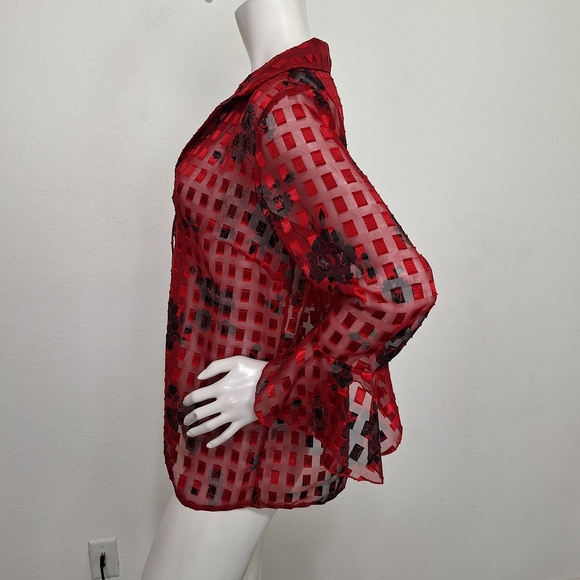 Notations Red Black Floral Romantic Academia Sheer Bell Sleeve Blouse Size M - Picture 8 of 12